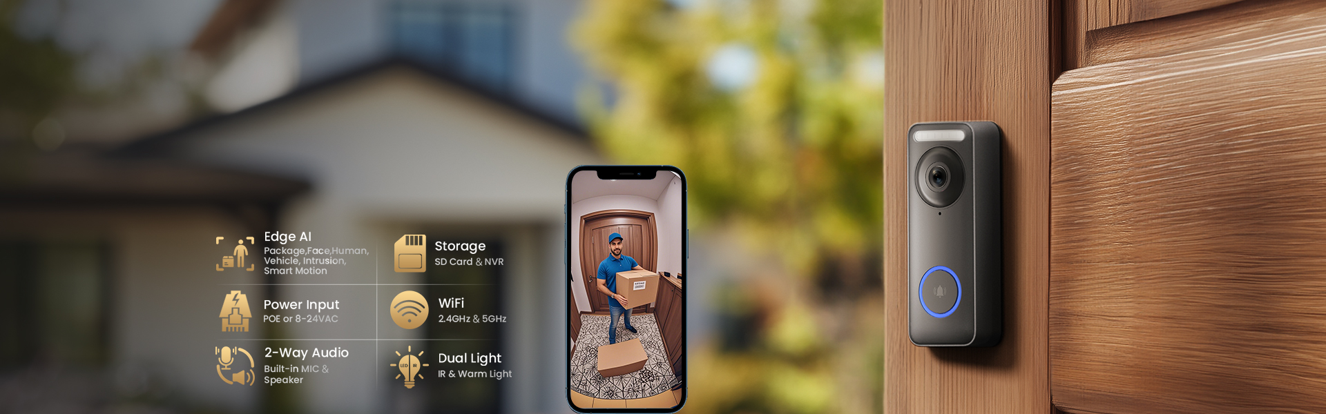 Smart video doorbell with HD camera, mobile app access, and two-way video intercom for home security monitoring.